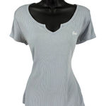 Guess  Ribbed V Neck T Shirt Light Blue Striped Short Sleeve Women's Size L Photo 0