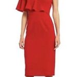 Dress the Population Red Dress Womens Medium Midi Beth Ruffle Sleeve Cocktail Photo 1
