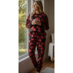 Love To Sleep Velour Black with Printed Hearts Sleepwear size Medium Photo 6