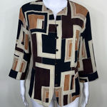 Kathy Che Vintage Polyester Earthtone Geometric Print‎ Blouse Black Size 12 Photo 0