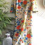 1970s Vintage SEARS floral red and blue white multicolored colorful pastel floral flower kimono robe zip up short sleeve flowy dress with one Size L Photo 3