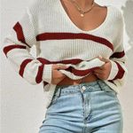 Women’s striped v neck sweater Red Photo 0