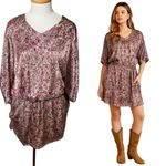 LONDON MILANO PARIS Paisley Silk Blend V Neck Dolman Sleeve Smocked Waist Mini Purple Size 2 Photo 2
