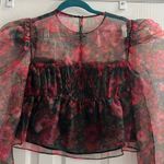 ZARA Sheer Floral Top Red Black Puff Sleeve Cropped Women’s Medium Ruffle Photo 6
