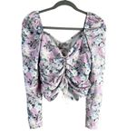 ASOS DESIGN Long Sleeve Crop Top Lace Up Front in Pink Floral Print, Size 8 Photo 1