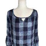 One World Plaid Tunic Top Ruffle Hem Medium Blue Bell Sleeves Keyhole Back Photo 1