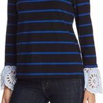 Beach Lunch Lounge Black and Blue Striped Top with Small Eyelet Cuffs Size S Photo 8
