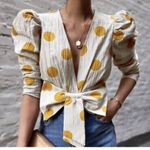 ZARA  Blue Green Big Spotty Print Bow Long Sleeve Blouse Size XS Photo 1