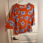 Everly  Orange Baby Blue Spring Poppy Floral All Over Print Blouse Size Small Photo 5