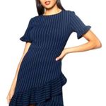 Boohoo Navy Ruffled Asymmetrical Hem Pinstripe Dress Photo 0