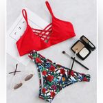 SheIn Red Crisscross Top And Floral Bottoms Bikini Set Boho Tropical Size Medium Photo 5
