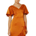 AmyLynn Amoura Ruffle Midi Satin Wedding Guest Dress Tan Size S NWT Orange Photo 2