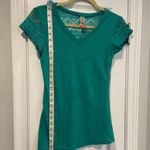 No Boundaries  Size S Turquoise V Neck Sheer Lace Mesh Back Short Sleeve T Shirt Photo 4