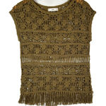 Mango MNG  Women's Olive Round Neck Short Sleeve Boho Crochet Fringe Top XS‎ Photo 0