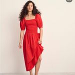 Madewell NEW Smocked Puff Sleeve Midi Dress in Poplin Cerise Red Photo 1