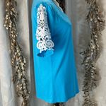 Amazon Blue Crochet Sleeve V-Neck Blouse Medium Soft Stretchy Feminine Photo 4
