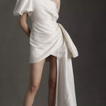 Sachin + Babi Dorien Puffed One-Shoulder Bow Train Wrap Mini Dress Photo 0