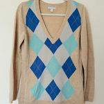 Ny&co New York & Sz MCo. Tan Beige Argyle V-Neck Sweater Relaxed Everyday Layer Sz M Photo 0