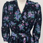 Vintage 80s Floral Print Shirt Dress Peplum Ruffle Faux Wrap Black Purple Small Photo 2