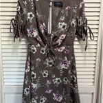 Storia Floral Gray/Purple Deep V Tie Chiffon Tie 3/4 Sleeve Midi Dress Size S Photo 0