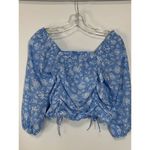 Speed Limit Womens Blouse Cropped Square Neck Drawstring Floral Blue Medium Photo 4