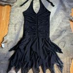 Black Ruched Mini Halter Dress With Mesh Overlay Size M Photo 0