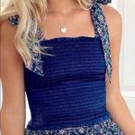 Koch  navy smocked crop top tie straps bows floral cece satin stretchy flowers Photo 0