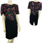 Laurence Kazar 1980s Lawrence Kazar Silk Beaded Floral Cocktail Dress large to XL Photo 3