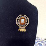 Rare Vintage Czech brass with big rhinestone brooch / pin Yellow Photo 0