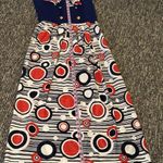 Vtg Mod Geometric Print Maxi Dress Red White & Blue 60s 70s Retro Hostess Op Art Photo 0