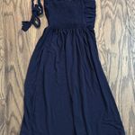 Navy Blue Halter Dress with Flower Detail Photo 1