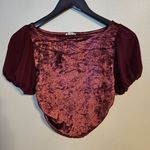 Free People  Crop Top Velvet Burgundy Short Sleeve Open Back Ruched Soft Casual Photo 0