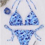 Blue Camouflage Print Halter Triangle Bikini Cheeky Bathing Suit Two Piece Small Photo 5