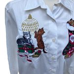 Rafaella VTG  Shirt Sz L Cute Cats Holiday Christmas White Embroidered Button Up Photo 1