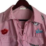 San Joy Women Top L Red Pin Striped Lace Up Popover Unique Applique Y2K Retro Size L Photo 11