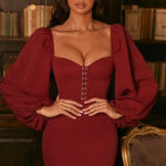 Oh Polly  Red Haute Nights Balloon Sleeve Corset Bodycon Mini Dress US‎ 4 Womens Photo 0