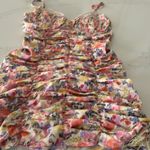 Strangers & Lovers Yellow Floral Satin Rouched Mini Dress Photo 5