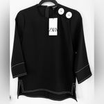 ZARA Woman Black Blouse, White Stitching, Faux Mother of Pearl Buttons, XXS NWT Photo 1