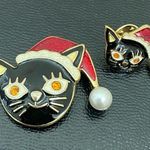 Betsey Johnson Rare Retired Enamel Black Cat with Christmas Hat Pin Brooch Photo 8