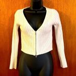 Say What? Say What Women’s Ivory Ribbed Knit Cropped Cardigan Sweater Small Zip-Up V-Neck Photo 7