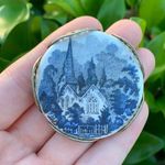 Vintage Gold, Blue & White Porcelain Church Brooch/Pin Round Medallion Photo 2