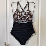 Eomenie Women's One Piece Swimsuit Cutout High Waisted Tie Back Black Leopard M Size M Photo 1