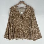 Maurice's Brown & White Speckled Dot Print Flare Sleeve Tie Front V-Neck Blouse S Photo 0