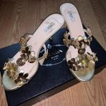 Prada Vintage Metallic Gold Floral Kitten Heel Sandals Photo 0