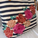 Chico's Striped Vibrant Floral Embroidered Cotton Leather Tote Shoulder Purse Photo 9