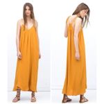 ZARA  Dress Women Small Mustard‎ Yellow V Neckline Strappy Shoulders Pleated Maxi Photo 1