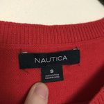 Nautica Red Sweater With Blue Stripes On Cuffs - Size Small - Shoulder Buttons Photo 3
