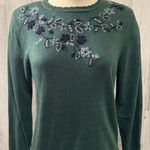 Vintage Beaded Floral Knit Sweater Green Embroidered Pullover‎ small Photo 0