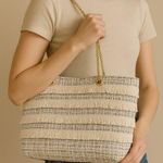 Gianni Bini Tweed Fringe Tote Bag with Gold Chain Straps – Cream Multicolor Photo 0