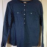 L.L.Bean Shirt Women Medium Polka Dots Cotton Blue White 1/4 Button Henley Church Photo 0